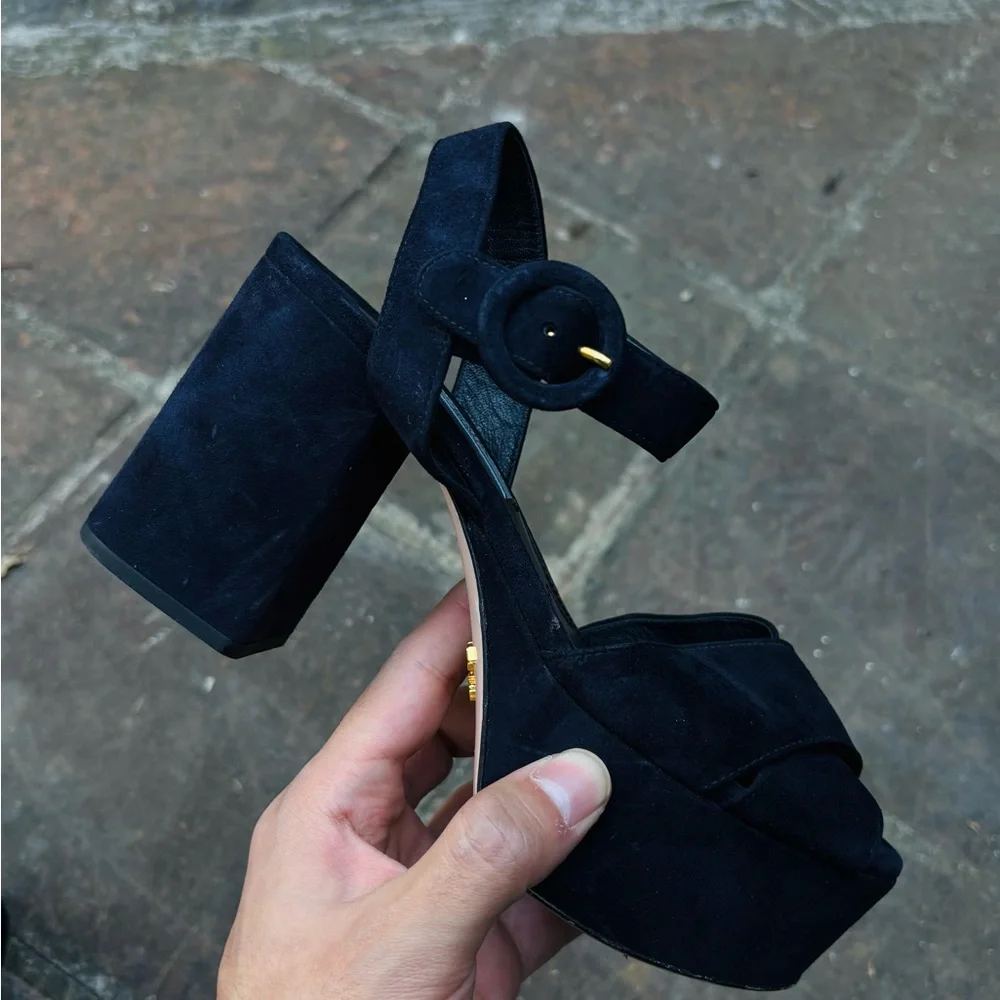 AUTH PRADA Black Suede Platform Heels